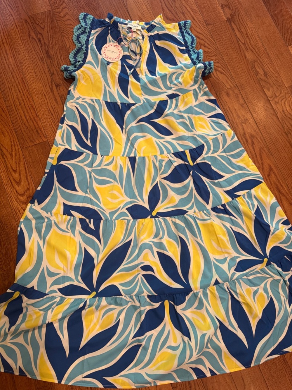 Umgee Blue Yellow White Printed Midi Dress